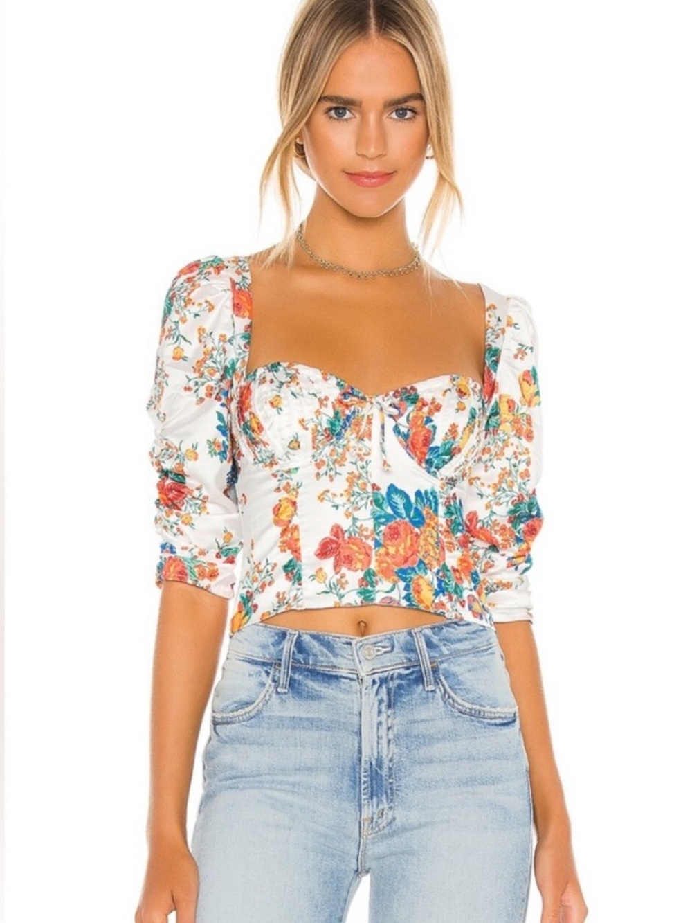 For Love And Lemons White Multicolor Floral Brandy Crop Top, szie S